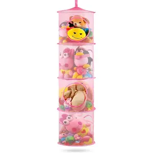 Hanging Stuffed Animal Storage or Hammock Toy Net Hammock, Foldable Stuffed Animals Net 4 Compartments, Toy Storage Organizer for Plushies Organizer Mesh Kids Girls Room Decor, Pink
