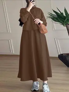 Women's Solid Long Sleeve Button Front Shirt + Elastic Waist Maxi Skirt Set, Casual Loose-Fitting Two-Piece for Spring & Fall, Matching Skirt Set