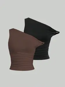 Hot Selling Multifunctional Asymmetrical Shoulder Ruched Cool Aesthetic Women's Basic Solid Color Fitted Vest Two Piece Set, Casual Summer Top Womenswear