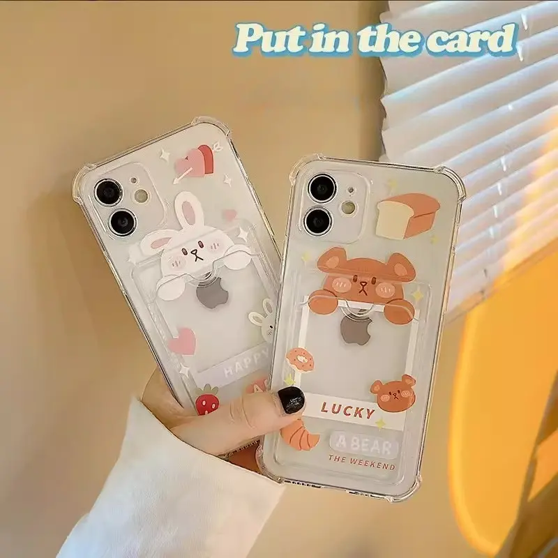 Cartoon rabbit and bear card holder phone case, compatible with iPhone 17/16/15/14/13/12/11/PRO/PROMAX/PLUS models, made of TPU material, shockproof and drop-proof.