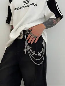Men's Vintage Punk Style Cross Pendant Chain Belt, Streetwear Gothic Trendy Accessory, Fashionable Charm Waistchain Styling Cross Belt for Men