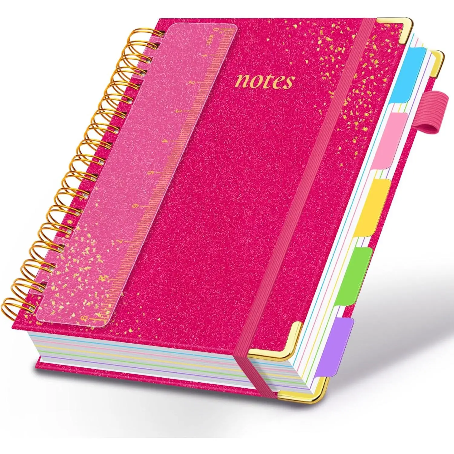 Hardcover Spiral Notebook with Removable Dividers & Tabs, 8"x10" 5 Subject Notebooks for Work, 300 Pages College Ruled Notebook, B5 Sparkle Lined Journal for Women Girls Note-Taking (Rose Red)