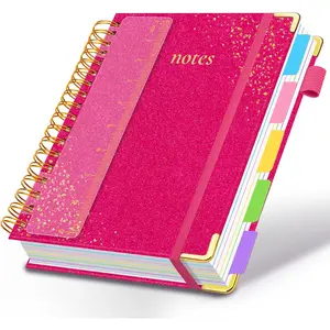 Hardcover Spiral Notebook with Removable Dividers & Tabs, 8"x10" 5 Subject Notebooks for Work, 300 Pages College Ruled Notebook, B5 Sparkle Lined Journal for Women Girls Note-Taking (Rose Red)