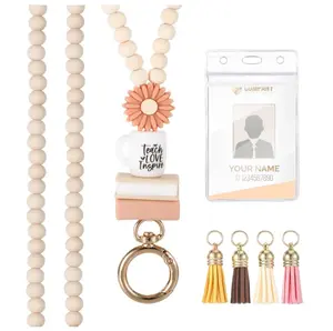 Teacher Lanyard with ID Holder, Wood Retractable Beaded Lanyard for ID Badges Keys Fashion Cute Boho Breakaway Lanyard for Women