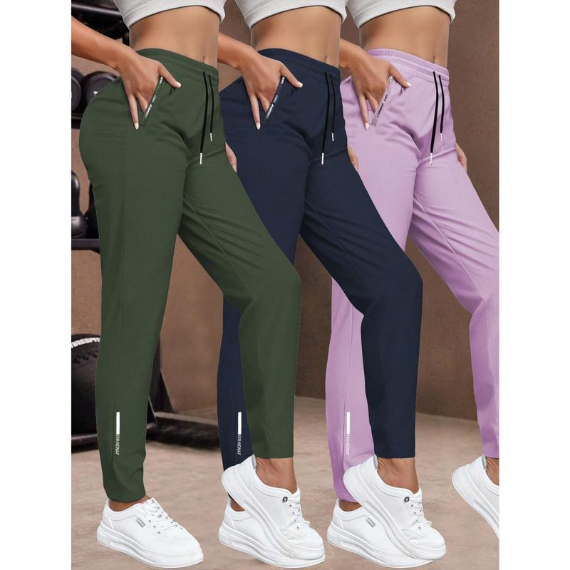 Female Women's 3-Pack High-Stretch 20% Elastane-Nylon Blend Quick-Dry Knitting Normal Type Universal All-Seasons Straight Leg Joggers, Long Length with Drawstring Waist, Zipper Pockets, Breathable, Machine Washable, Dry Cleanable for Yoga, Running