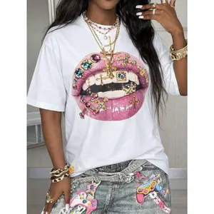 Womens Oversized Graphic Tee Short Sleeve Crewneck Streetwear Top Pink Lips Rhinestone Cross Jewelry Print Soft Casual Summer Outfit