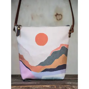 Ready to Ship | SMALL Canvas and Leather Tote Bag Mountain Mama | Handprinted