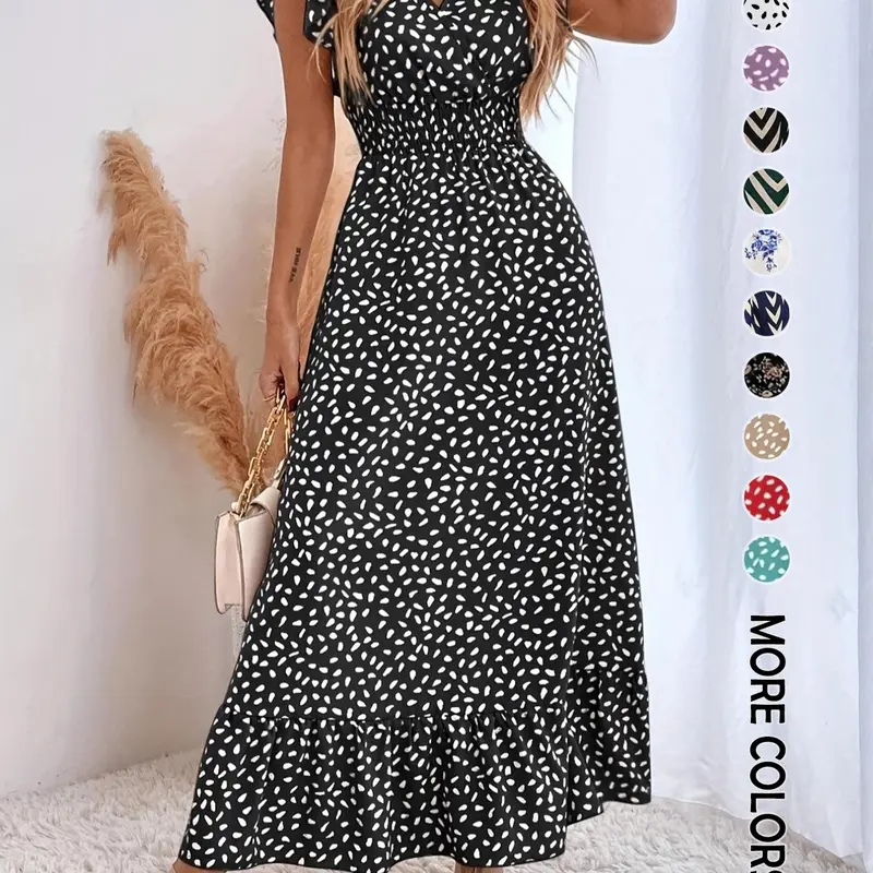 Women's Spring Summer Fashion Floral V Neck Ruffle Waist Slim Boho Dress, Long Cap Sleeve Fitted Wrap Dress for Vacation, Boho Printed Dress