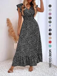 women's all over print ruffle butterfly sleeve long vintage dress, dresses for women, summer dresses, boho cap sleeve v neck wrap a line sundresses for daily vacation wear, birthday dresses, women's clothing, wedding guest dress, bohemian, womenswear