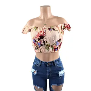 Women's Blush Floral Crop Top for Summer - Shirts
