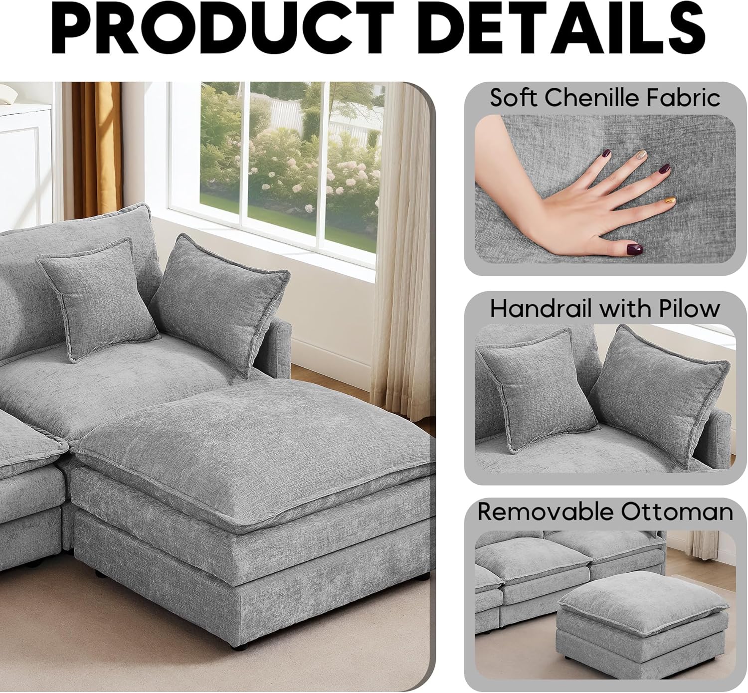 102" L Shaped Modular Sectional Sofa, Comfy Upholstery Chenille Cloud Couch with Ottoman, Modern 4-Seat Deep Seat Sofa with Pillow for Living Room, Bedroom, Apartment, Grey