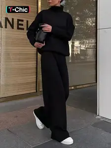 Women's Solid Turtleneck High Neck Tops & Wide Leg Pants Set, Casual Style Cozy Long Sleeve Top & Trousers for Daily Casual Occasion Wear, Fall Clothes, 2 Piece Set, Elegance, Women's Clothing for Fall, Downtown Girl Clothes, Womenswear