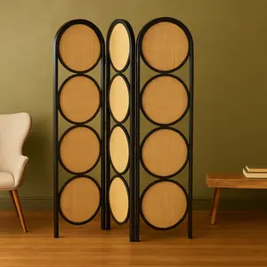 Geometric Black Wooden Handmade Arched Foldable 3 Panel Partition Room Divider Screen with Woven Cutouts