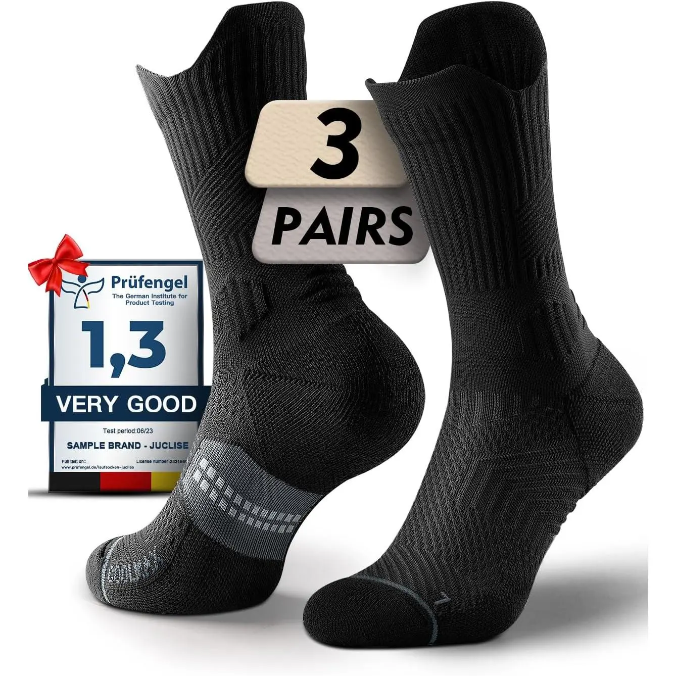 Juclise Compression Crew Running Socks, Coolmax Bamboo Viscose Moisture-Wicking Anti-Blister Padded Athletic Hiking Workout