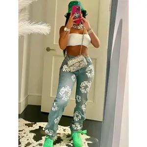 Women’s Fashion Stretch Denim Kapok Print Cotton Jeans Pants, Basic Black Bottom, Spandex