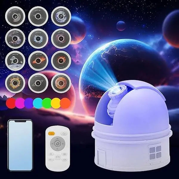 Observatory-Inspired Star Projector for Kids & Adults – HD Focus Adjustable Galaxy Lamp with 12 Discs, Voice Astronomy Education, Auto Shut-Off, White Noise, Rotating & Brightness Control