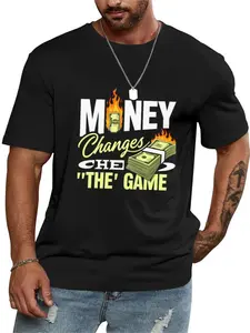 Money Changes The Game Shirt, Men's 100% Cotton Hip Hop Streetwear, Fire Dollar Graphic Tee, Casual Oversized Black T-Shirt for Street Style