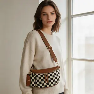 Women PU Leather Checkerboard Fanny Pack Crossbody Bum Bag with Detachable Coin Purse – Grid Pattern Belt Bag for Travel Work Shopping Daily