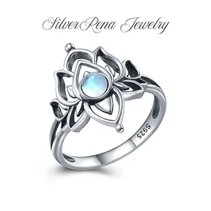 S925 Mother's Day Steling Silver Moonstone Lotus Ring, Spiritual Growth and Enlightenment Jewelry, Symbol of the Goddess Heqet, Pagan Symbol, Synthetic Moonstone Lotus Flower Jewelry