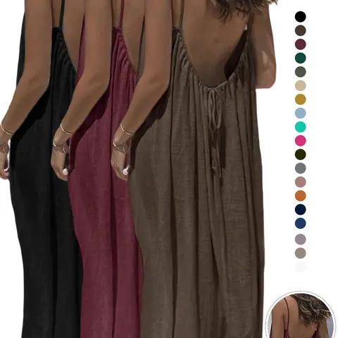 3-Pack Women's Open-Back Spaghetti Strap Sleeveless Maxi Dress, Boho Fashion Ruched, Loose Flowy Casual Backless Summer Beach Vacation Sundress Lightweight Casual Wear