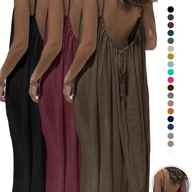 3-Pack Women's Open-Back Spaghetti Strap Sleeveless Maxi Dress, Boho Fashion Ruched, Loose Flowy Casual Backless Summer Beach Vacation Sundress Lightweight Casual Wear