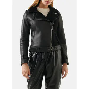 Womens Shiny Black Shearling Leather Jacket