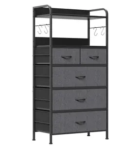 5-Drawer Bedroom Dresser, Fabric Storage Dresser with Anti-Tip Kit and 4 Hooks, Tall Vertical Dressers, Sturdy Steel Frame, Wooden Tabletop, Suitable for Closets, Bedrooms, Living Rooms, Grey
