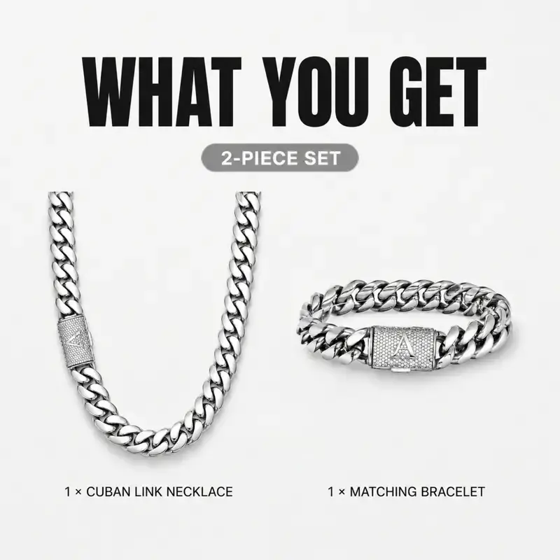 Men's 2-Piece Silver-Tone Iced Cuban Link Fashion Jewelry Set, Bold Hip Hop Streetwear Accessories with A-Z Clasp Necklace & Bracelet, Matching Necklaces Set for Women, Cubanchain