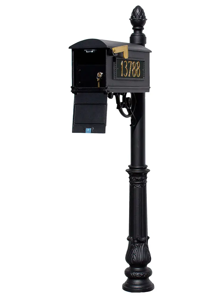 Lewiston LMC-LKIT-703-BL Mailbox Locking Insert Post System with Ornate Base, Pineapple Finial & 3 Cast Plates - Black