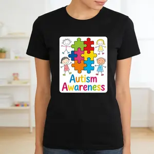 Colorful Autism Support T Shirt Featuring Puzzle Piece and Stick Figure Graphics