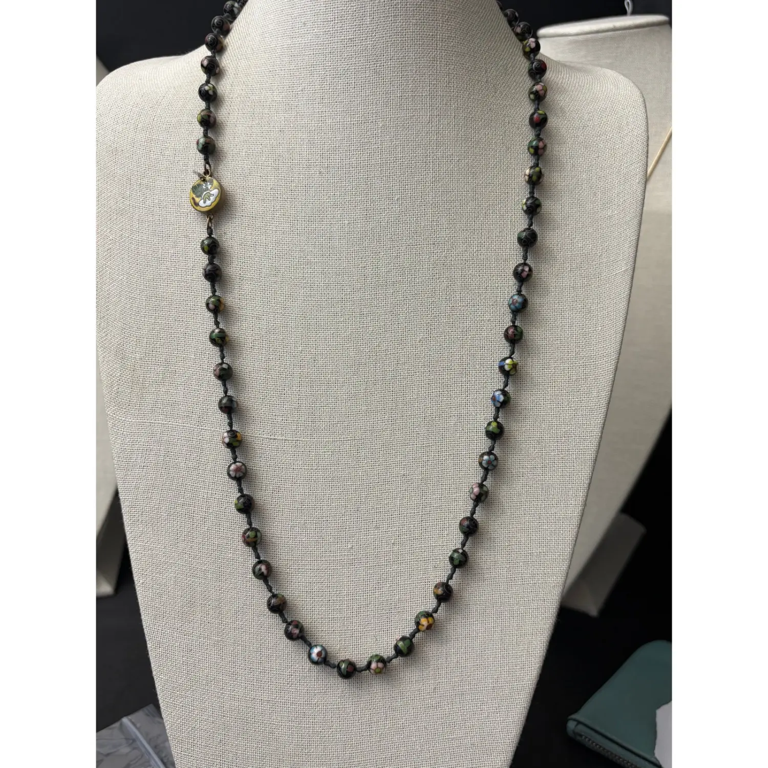 Vintage Chinese Cloisonne Bead Necklace 30in Double Knotted Silk 8mm