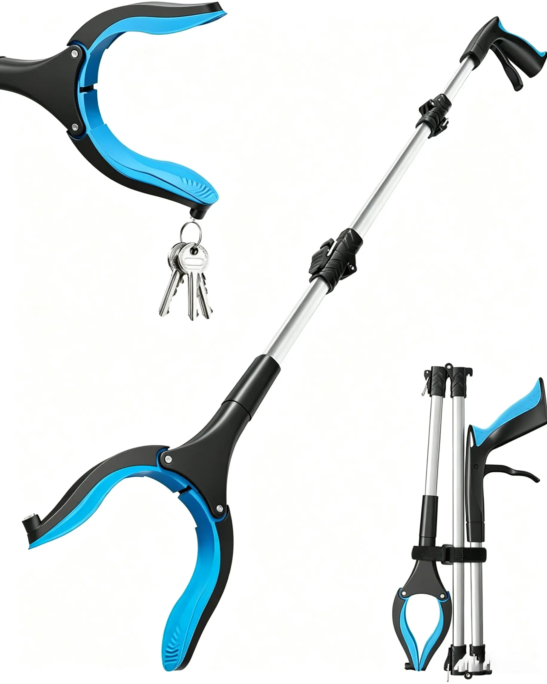 32-in Foldable Reacher Grabber Tool with Metal Frame, 360° Rotating Jaw, Magnet Tip, 1-Hand Operation, Heavy Duty Trash Picker, Lightweight Hand Tool for Seniors, Ideal for Daily Tasks, Blue