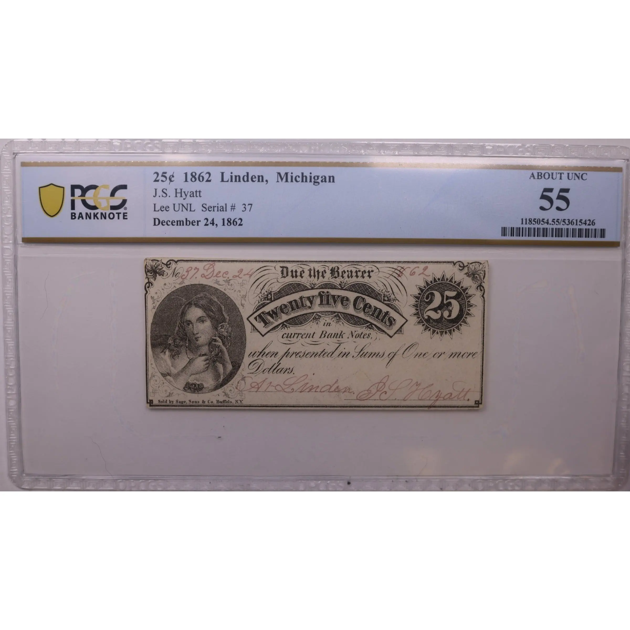 1862 25C Linden, MI, Lee UNL Serial #37, PCGS AU-55, STORE #GMI179