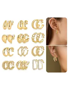 12 Pairs Clip on Earrings for Women 14K Gold Silver Plated Chunky Non-Pierced Hoop Earring Waterdrop Twist Tube Croissant Bamboo Hoop Earrings Clips Fake Earrings Jewelry Set