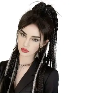 Y2K Spicy Girl Boxer Braids Elastic Hair Extension Rope, Soft Braided Synthetic Ponytail Hair Tie, Durable Stretchable Styling Accessory for Women Daily Party Streetwear Hairstyles