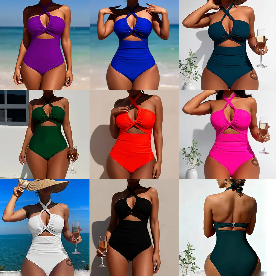 Women's One-Piece Swimsuits Tummy Control Halter Neck Open Back Ruched Glamorous Resort 2026 Bathing Suit