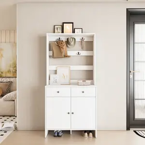 Hall Tree Entryway Table with Coat Rack, Shoe Cabinet with Adjustable shelves, 2 Door 2 Drawer for Hallway, Entryway, Bedroom