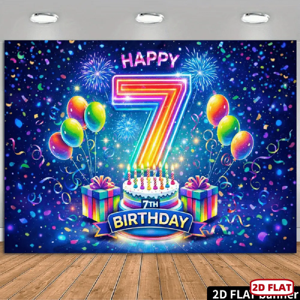 1pc 2D Flat banner Rainbow Neon Backdrop, Rainbow Number "7", "Happy" Lettering, " BIRTHDAY" Lettering, Rainbow Balloon Cluster, Colorful Gift Box, Rainbow Candy Column, String Lights, Confetti, Dark Blue B
