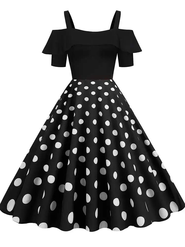 1950s Retro A-Line Midi, Off-Shoulder Ruffle Design, Vintage Polka Dot Cold Shoulder Swing Dress, High-Waisted - TikTok Shop 1950s Retro A-Line Midi, Off-Shoulder Ruffle Design, Vintage Polka Dot Cold Shoulder Swing Dress, High-Waisted - TikTok Shop