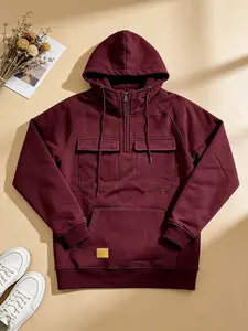 Men's Long-Sleeved Quarter-Zip Sports Hoodie - Loose Fit, Machine-Washable, Multiple Pockets - Men's Sports Outerwear for Casual Activities & Outdoor Fitness