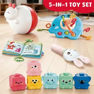5-in-1 Montessori Baby Toy 6-12-18 Months, Educational Squeezing Game Animal Shape Texture Baby Toy, Soft Cloth Touch Baby Book, Push Pull Line Toy, Rabbit Ringing Bell, Shape Classification Sensory Education Learning Gift for Boys and Girls Birthday Gift