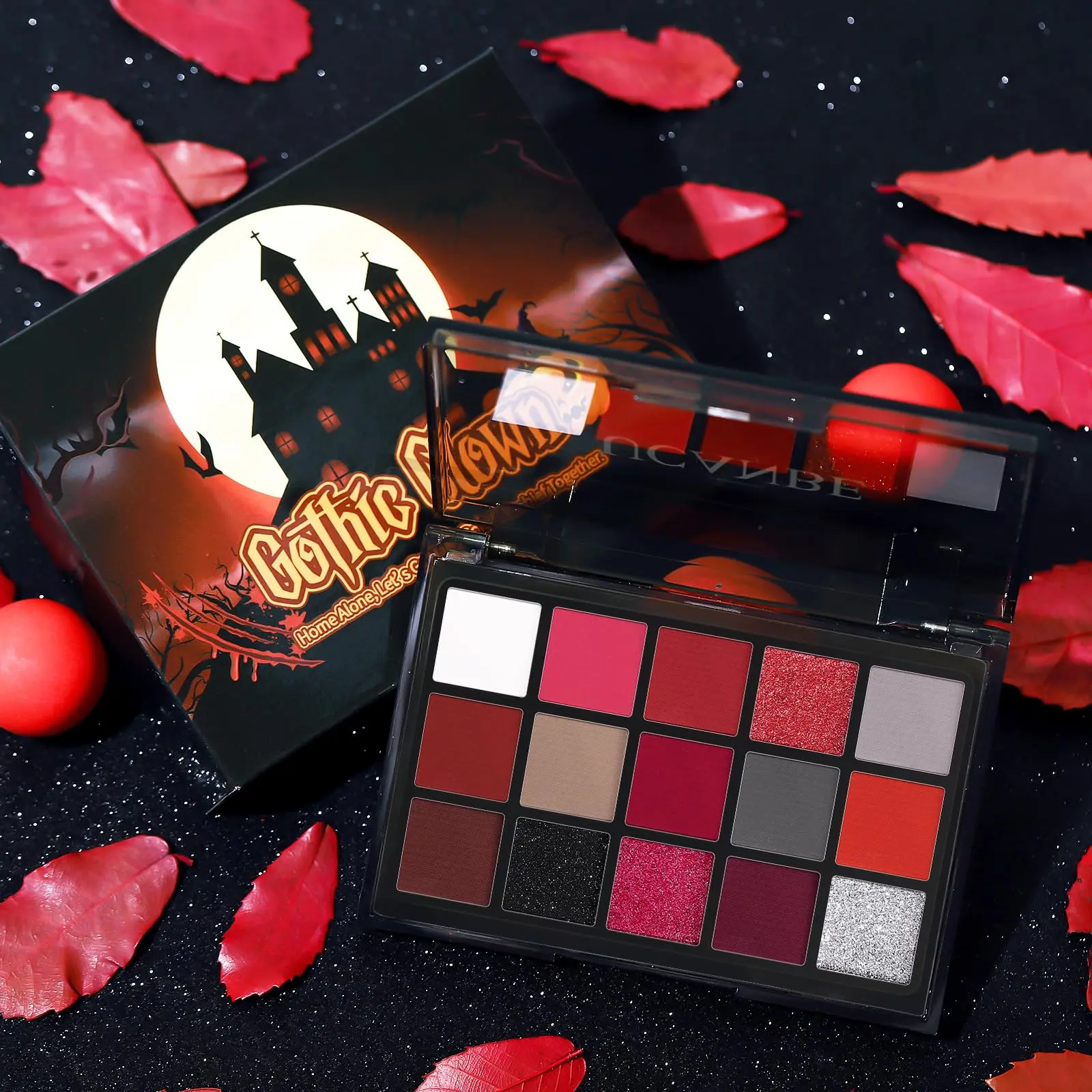 15-Color Red Eyeshadow Palette – Burgundy, Gray, Silver Shimmer, Matte, Glitter, and Metallic Shades – Highly Pigmented Makeup Kit for Halloween, Christmas, Joker, Vampire, and Clown Looks