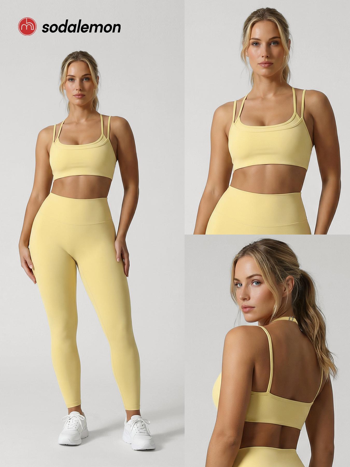 Sodalemon Women double layered-strap scoop-neck yoga sports bra, cropped open-back workout top, outdoor Pilates fitness sports bra