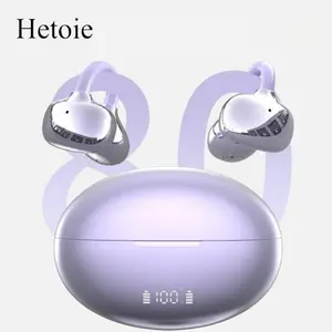 Hetoie Open Ear Wireless Earbuds 2026 New, Clip-On  Headphones with Mic, Hi-Fi Stereo Deep Bass, Type-C Fast Charging Auto Connect, Secure Fit for Sports Gym, Clear Sound for Office Work & Gaming, Compatible iOS/Android/PC