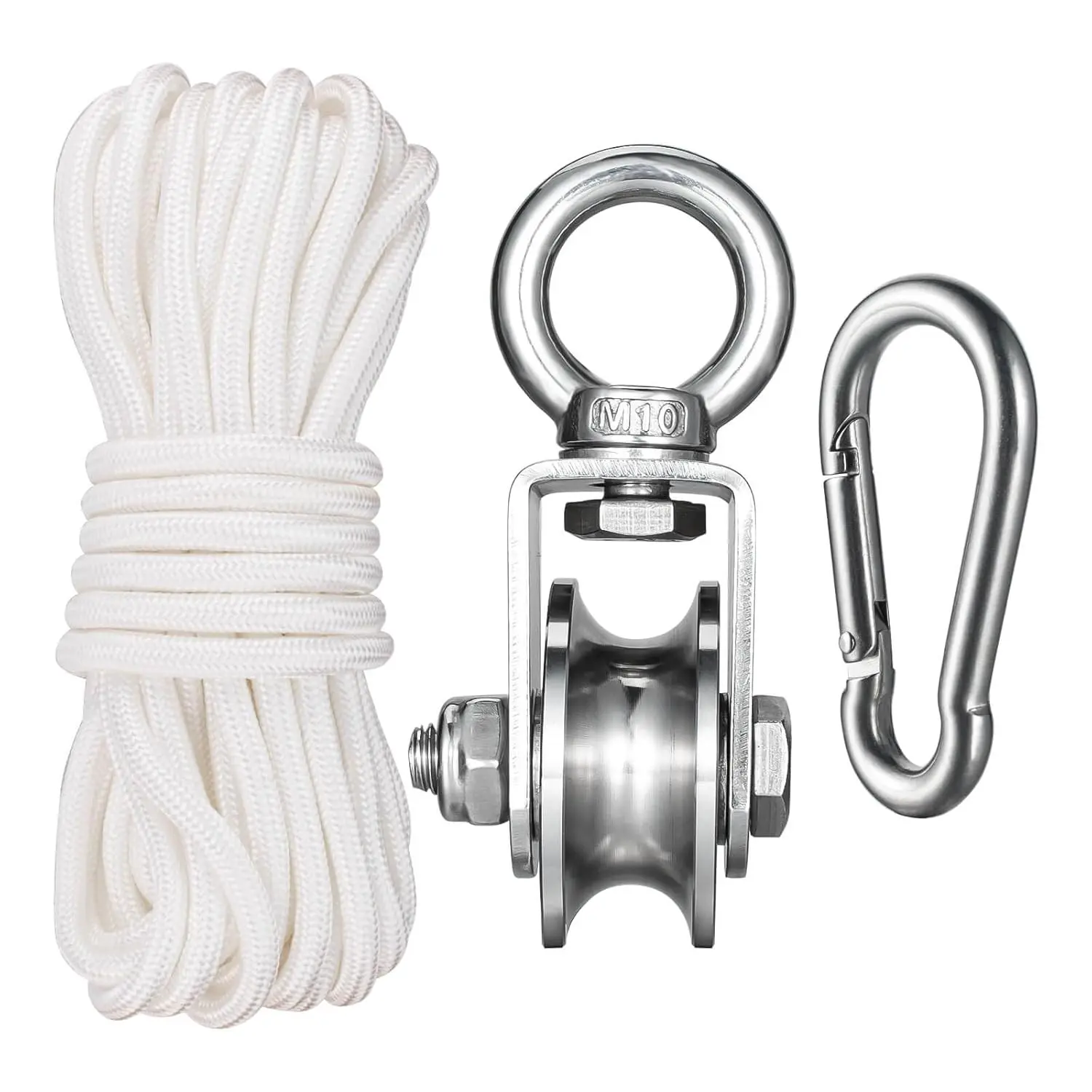 Heavy Duty Single Cable Pulley Block Wheel with Ball Bearings, 1Pack DIY Pulley System with 32ft 8mm Nylon Rope & Clip for Gym Equipment Workout, Winch, Lifting