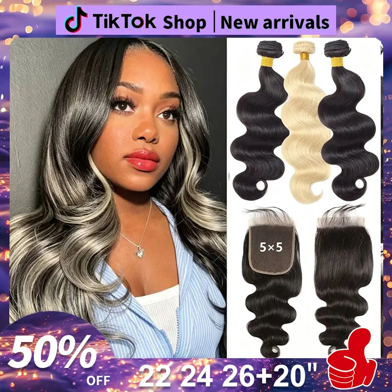 12A 1B/613 Blonde Peekaboo Human Hair Bundles with lace closure 100% Virgin Human Hair bundles with closure 4/613 chocolate brown and blond human hair 100% Unprocessed Brazilian Virgin Hair Highlight Hair Bundles with closure summervibes