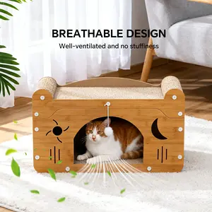 2 in 1 House & Scratch Board, 1 Set Wooden Bed with Scratcher, Durable Double Layer Bed, Pet Furniture for Indoor Spacious cool stuff cozy bed scratcher indoor accessories toys accessories cat stand