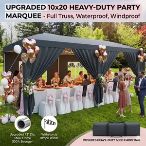 GARVEE 10x20 Heavy Duty Pop Up Canopy Tent with 6 Removable Sidewalls, Easy Up Commercial Canopy Tents for Parties, Large Outdoor Canopies with 3 Adjustable Heights, Stakes X18, Ropes X6, Grey