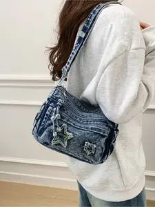 Vintage American Distressed Denim Crossbody Bag with Star Embroidery Multi Pocket Sweet Cool Y2K Style Versatile Shoulder Bag