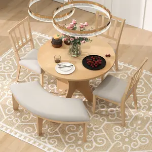5-piece Rustic Charm Round Dining Set with 3 Upholstered Chairs and Curved Bench for Dining Room, Kitchen and Living Room